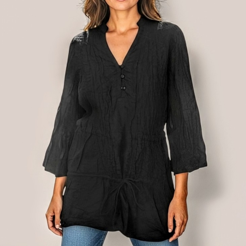 Old Navy Black Button-Placket V-Neck Tunic with Drawstring